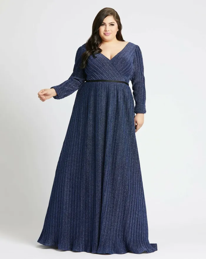 Shimmering VNeck Evening Gown Sapphire Plus Size Dresses Mac Duggal Women