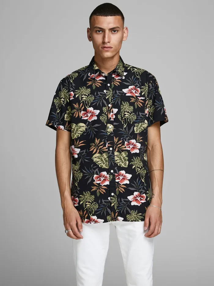 Shirts JACK and JONES Mens BOTANICAL PRINT SHORT SLEEVED SHIRT Black Black Cheap On Sale