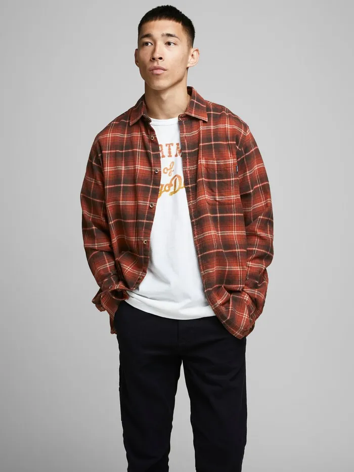 Shirts JACK and JONES Mens CHECKED TWILL WEAVE SHIRT Orange Burnt Henna Gift for Friend Shirts JACK and JONES Mens CHECKED TWILL WEAVE SHIRT Orange Burnt Henna Gift for Friend