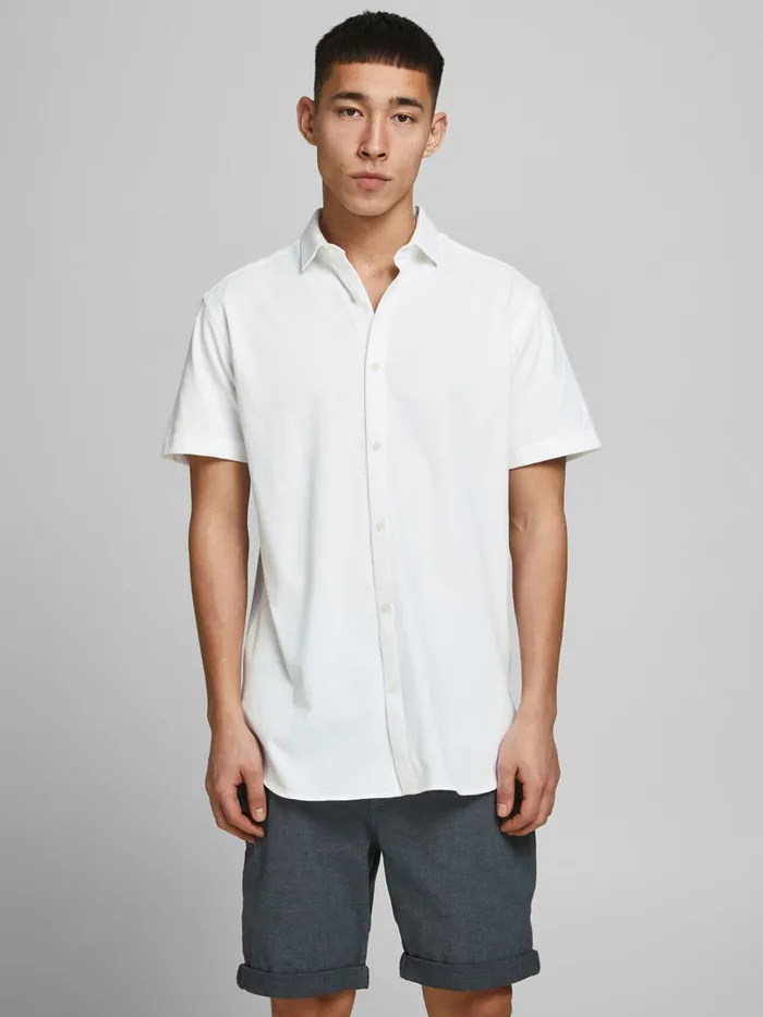 Shirts JACK and JONES Mens SLIM FIT PIQUE SHORT SLEEVED SHIRT White White Cheap On Sale