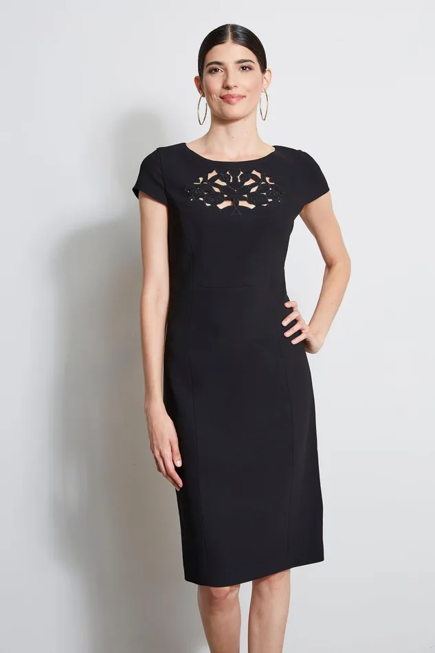 Short Sleeve Dresses Women Elie Tahari Cut Out Embroidered Dress BLACK