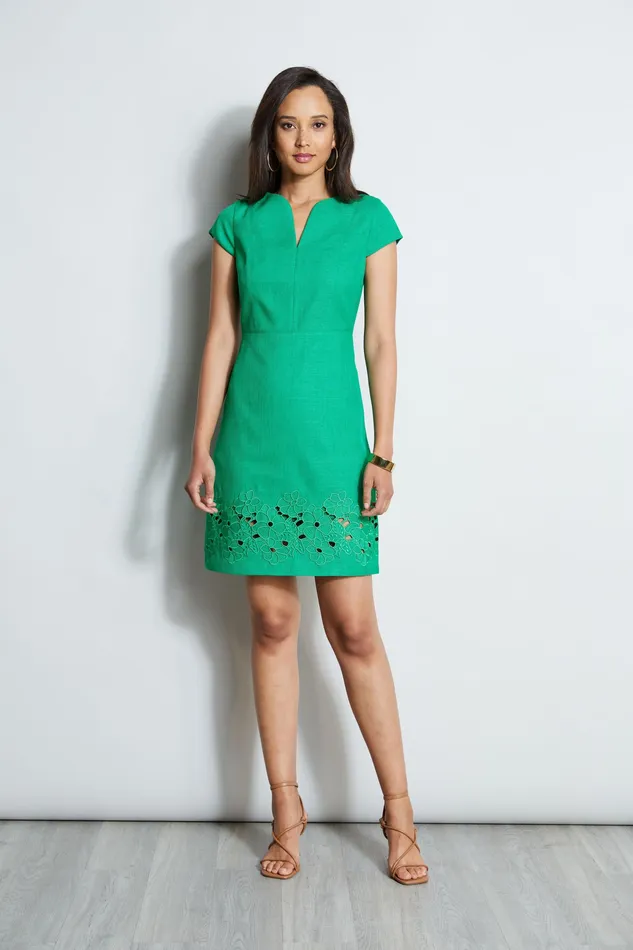 Short Sleeve Dresses Women Elie Tahari Short Sleeve Embroidered Hem Dress PALM LEAF
