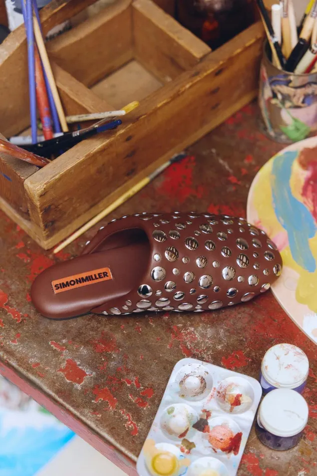 Simon Miller Flats Women Studded Bubble Slipper In Choco BrownSilver Vegan Leather Simon Miller Flats Women Studded Bubble Slipper In Choco BrownSilver Vegan Leather