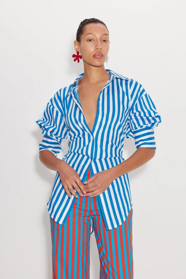 Simon Miller Sets Women Loch Striped Poplin Button Up In Blue Stripe Cotton