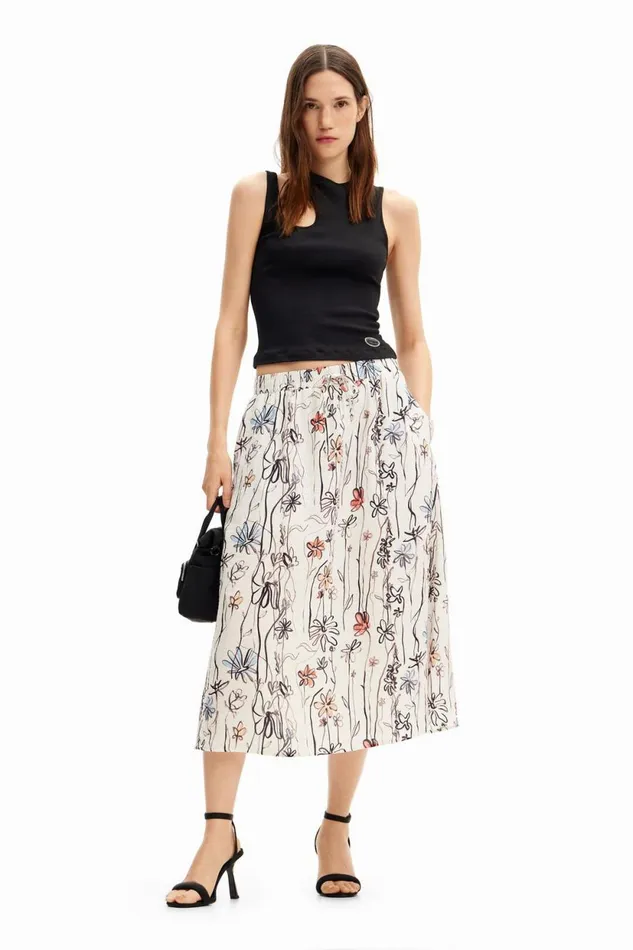 Skirts And Shorts Women Desigual Illustrated Floral Midi Skirt White