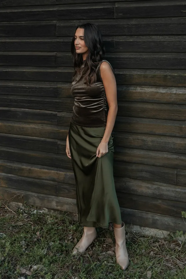 Skirts Women Nellie Satin Midi Skirt Olive Petal and Pup