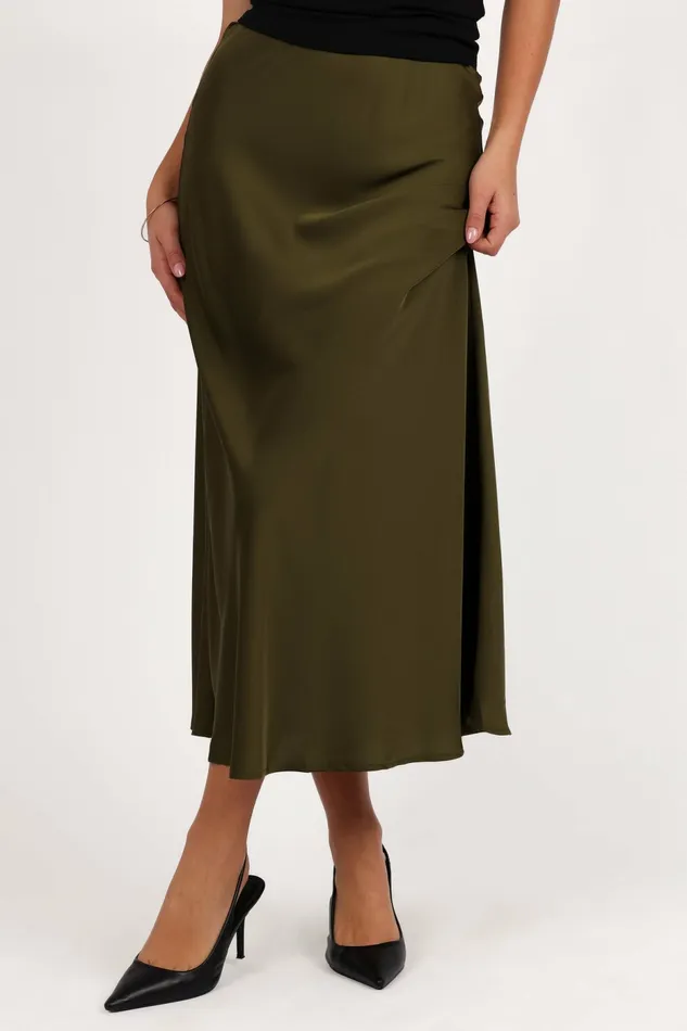 Skirts Women Nellie Satin Midi Skirt Olive Petal and Pup