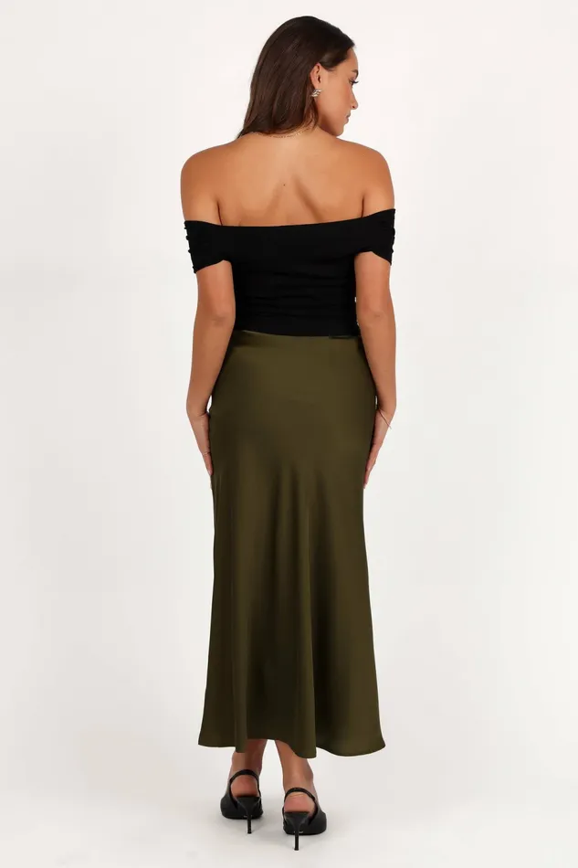 Skirts Women Nellie Satin Midi Skirt Olive Petal and Pup