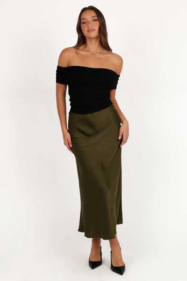 Skirts Women Nellie Satin Midi Skirt Olive Petal and Pup