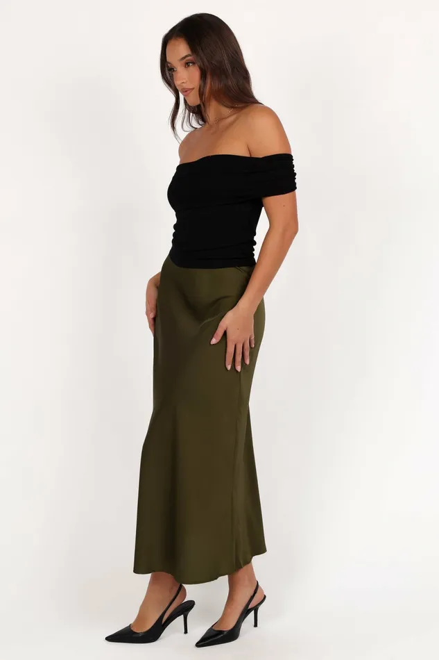 Skirts Women Nellie Satin Midi Skirt Olive Petal and Pup