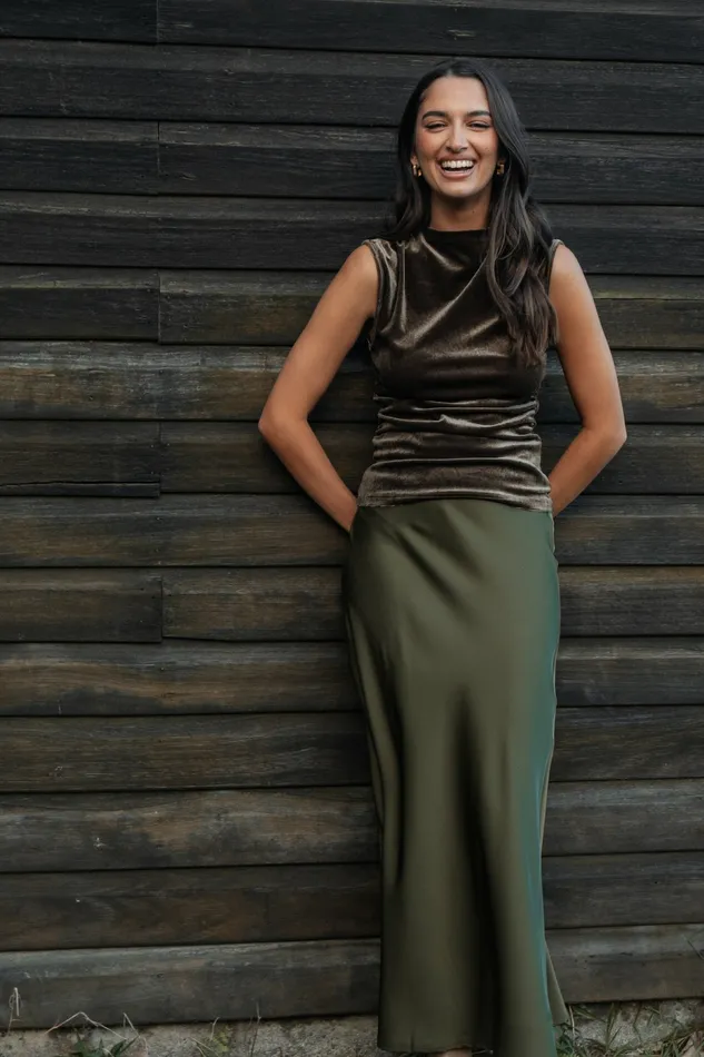 Skirts Women Nellie Satin Midi Skirt Olive Petal and Pup