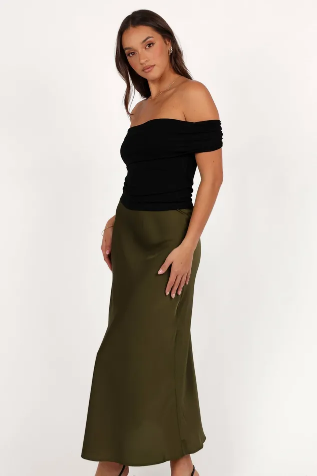 Skirts Women Nellie Satin Midi Skirt Olive Petal and Pup