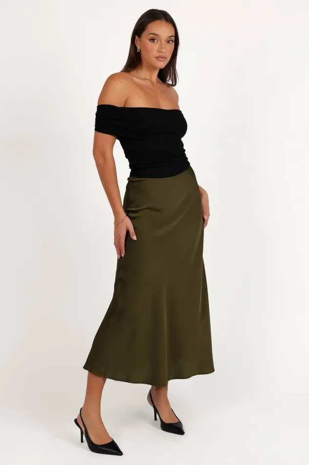 Skirts Women Nellie Satin Midi Skirt Olive Petal and Pup