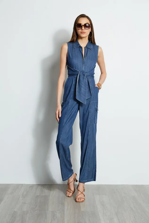 Sleeveless Dresses Women Elie Tahari Denim Tie Jumpsuit INDIGO