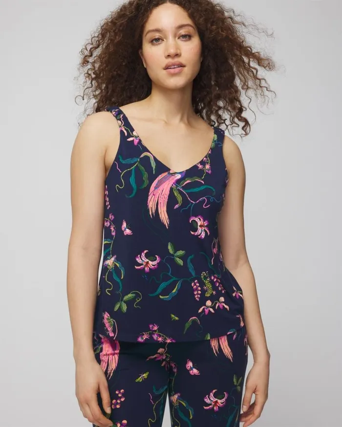 Soma Cool Nights Shirred Strap Tank Patterned Palms Navy Women Matching Sets and Separates Soma Cool Nights Shirred Strap Tank Patterned Palms Navy Women Matching Sets and Separates
