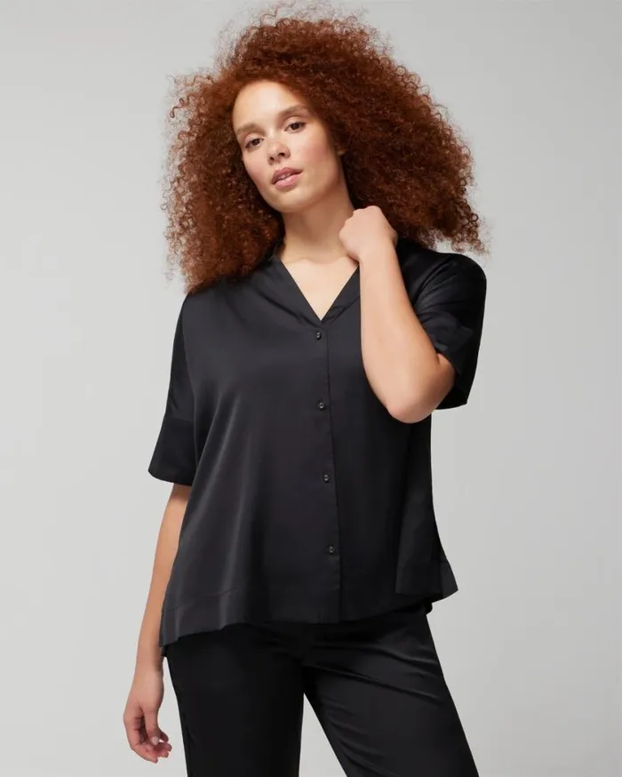 Soma Satin Drop Shoulder ButtonUp Top Hi Fi Flora M Champagne Women Pajama Tops Soma Satin Drop Shoulder ButtonUp Top Hi Fi Flora M Champagne Women Pajama Tops