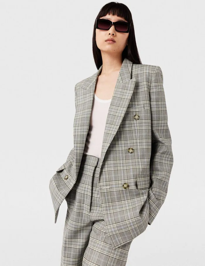 Stella McCartney Coats And Jackets Women Double Breasted Wool Blazer Grey And Blue Check Stella McCartney Coats And Jackets Women Double Breasted Wool Blazer Grey And Blue Check