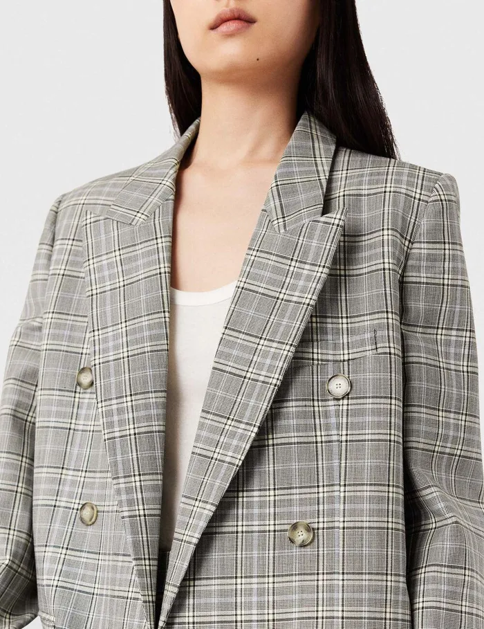 Stella McCartney Coats And Jackets Women Double Breasted Wool Blazer Grey And Blue Check Stella McCartney Coats And Jackets Women Double Breasted Wool Blazer Grey And Blue Check