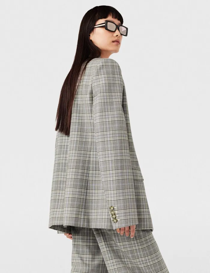 Stella McCartney Coats And Jackets Women Double Breasted Wool Blazer Grey And Blue Check Stella McCartney Coats And Jackets Women Double Breasted Wool Blazer Grey And Blue Check