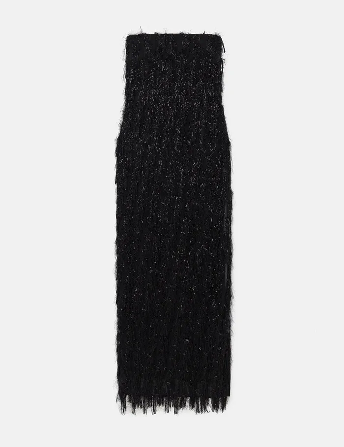 Stella McCartney Dresses Women Sleeveless Glitter Tassel Maxi Dress Black Glitter