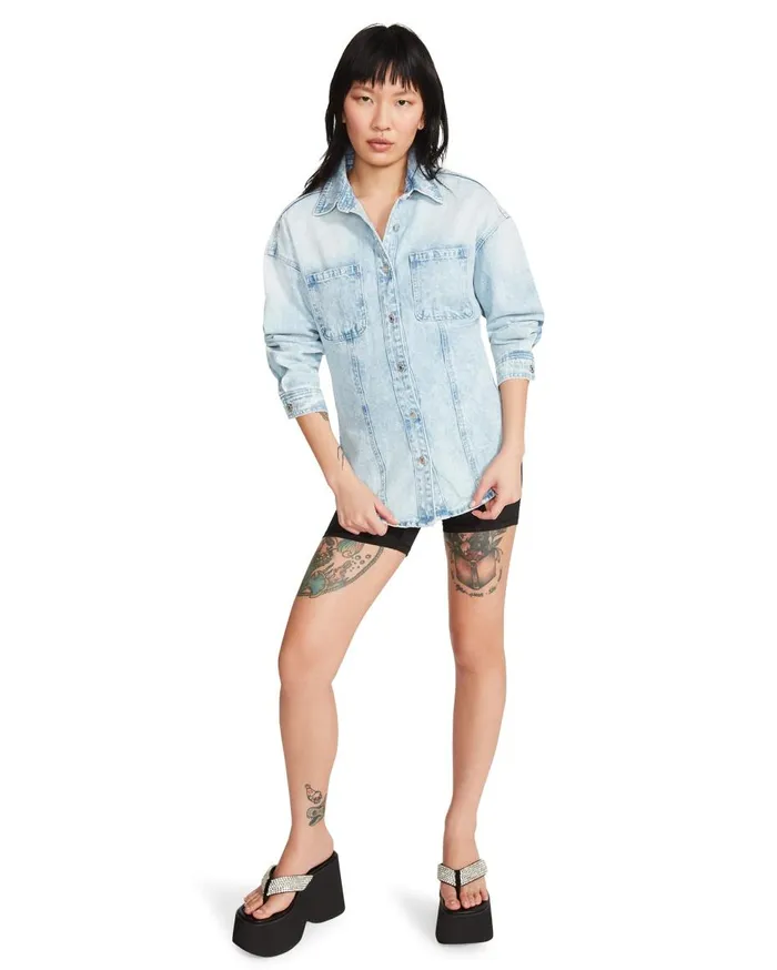 Steve Madden Elastic Back Denim Shirt Denim Fabric Womens Tops Steve Madden Elastic Back Denim Shirt Denim Fabric Womens Tops
