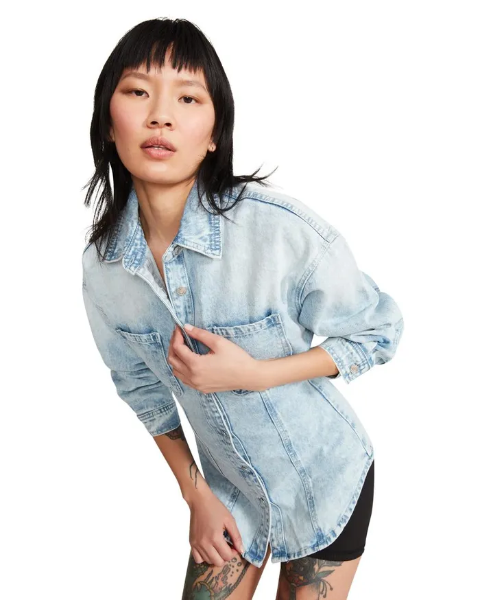 Steve Madden Elastic Back Denim Shirt Denim Fabric Womens Tops Steve Madden Elastic Back Denim Shirt Denim Fabric Womens Tops