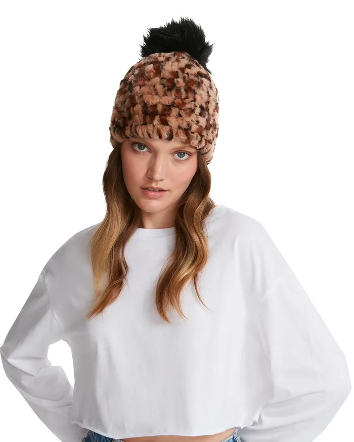 Steve Madden Pom Pom Beanie Leopard Womens Hats and Hair Accessories Steve Madden Pom Pom Beanie Leopard Womens Hats and Hair Accessories