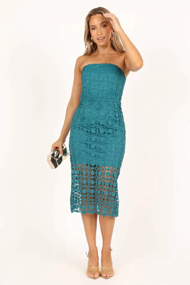 Strapless Dresses Petal and Pup Women Candice Strapless Lace Midi Dress Teal