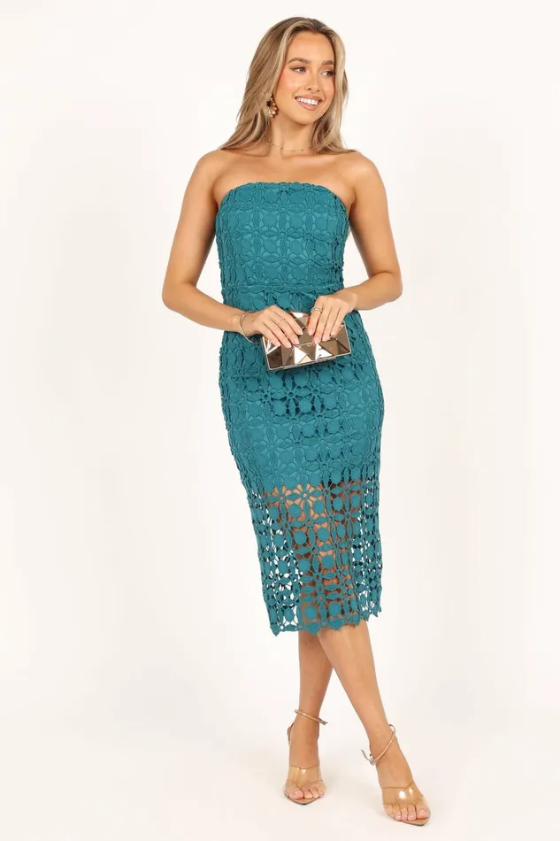 Strapless Dresses Petal and Pup Women Candice Strapless Lace Midi Dress Teal