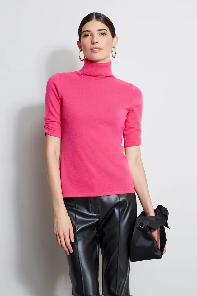 Suiting Women Elie Tahari Cashmere Short Sleeve Turtleneck Sweater HOT PINK