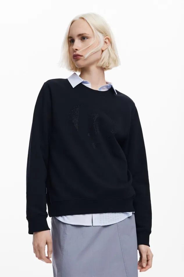 Sweaters Women Desigual Strass Logo Sweatshirt Black