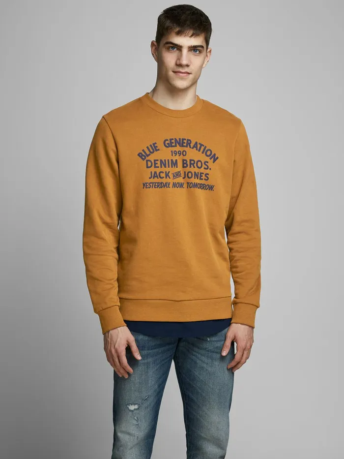 Sweatshirts JACK and JONES Mens LOOPBACK LOGO SWEATSHIRT Brown Rubber Casaul