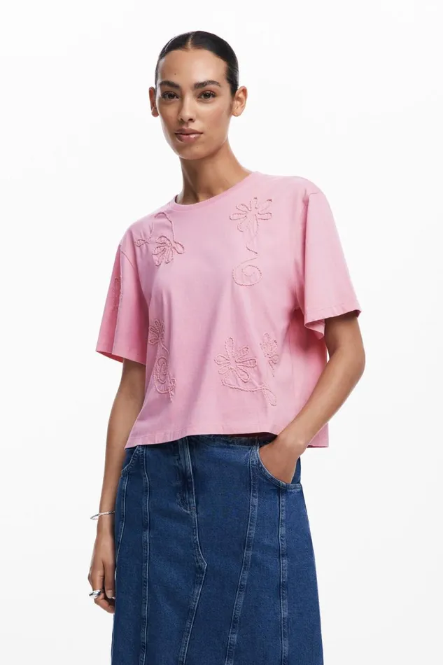 TShirts Women Desigual Embroidered Flower Tshirt Red
