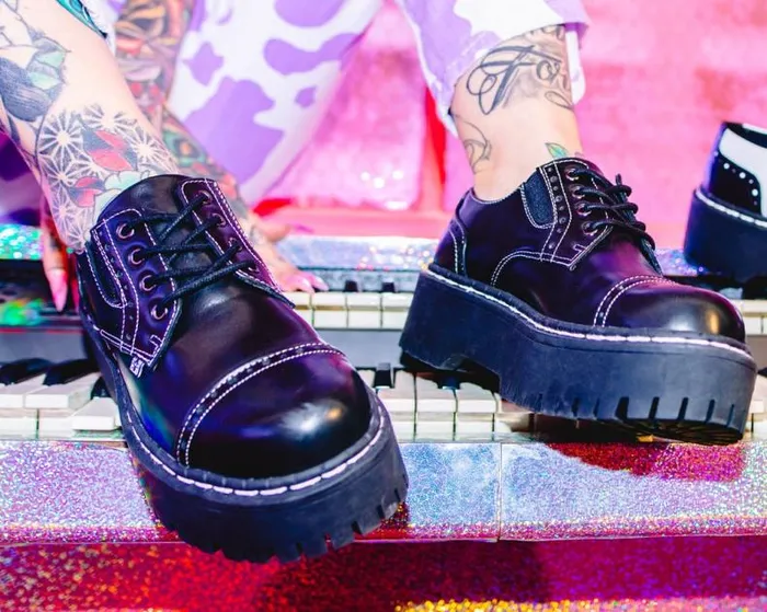TUK Shoes Platforms Women Black Burnished Contrast Stitch Double Decker Brogue TUK Shoes Platforms Women Black Burnished Contrast Stitch Double Decker Brogue