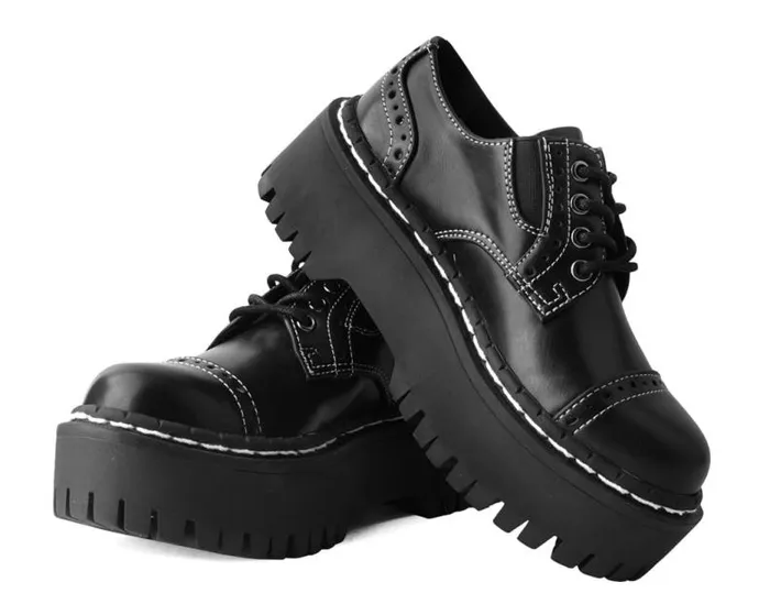 TUK Shoes Platforms Women Black Burnished Contrast Stitch Double Decker Brogue TUK Shoes Platforms Women Black Burnished Contrast Stitch Double Decker Brogue