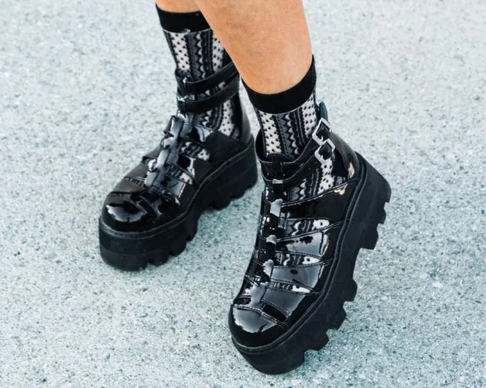 TUK Shoes Platforms Women Black Patent Gladiator Dino Lug Sandal TUK Shoes Platforms Women Black Patent Gladiator Dino Lug Sandal