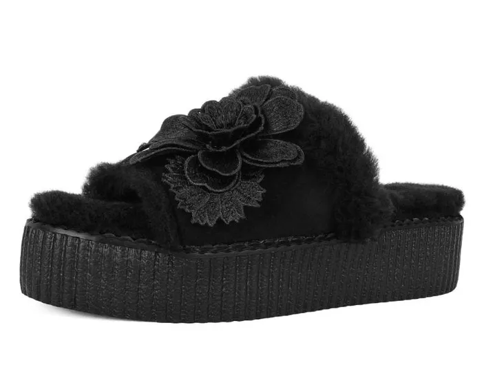 TUK Shoes Sandals Women Black Wool Flower Slide