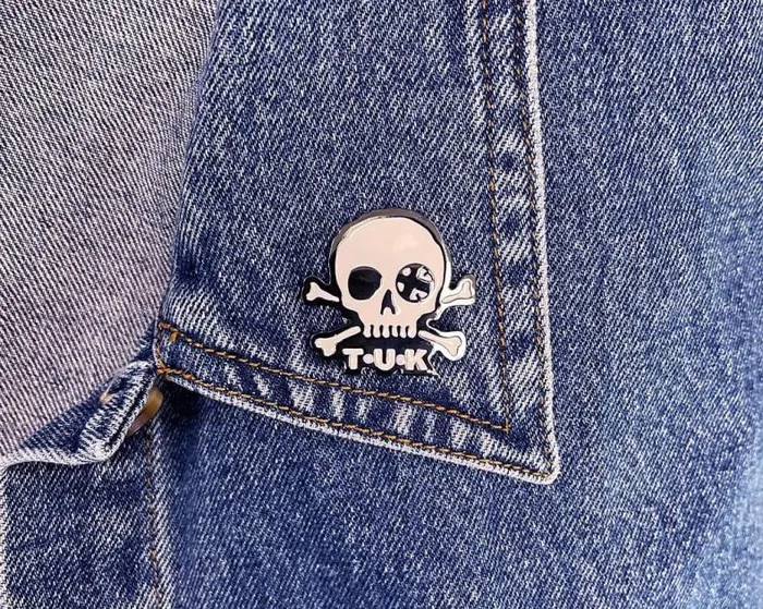 TUK Shoes Stickers Pins Patches Totes Adult Black and White TUK The World Creeper Enamel Pin