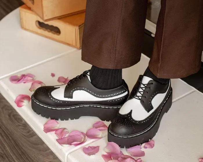 TUK Shoes Vegan Men Black and White Double Decker Brogue TUK Shoes Vegan Men Black and White Double Decker Brogue