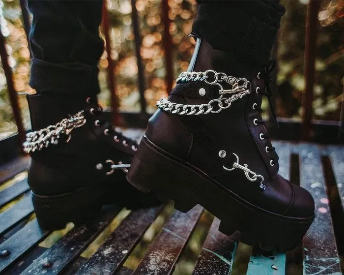 TUK Shoes Vegan Men Black Vegan 7Eye Chain and Strap Dino Lug Creeper Boot TUK Shoes Vegan Men Black Vegan 7Eye Chain and Strap Dino Lug Creeper Boot