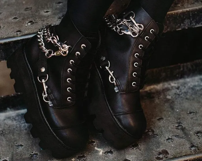 TUK Shoes Vegan Men Black Vegan 7Eye Chain and Strap Dino Lug Creeper Boot TUK Shoes Vegan Men Black Vegan 7Eye Chain and Strap Dino Lug Creeper Boot