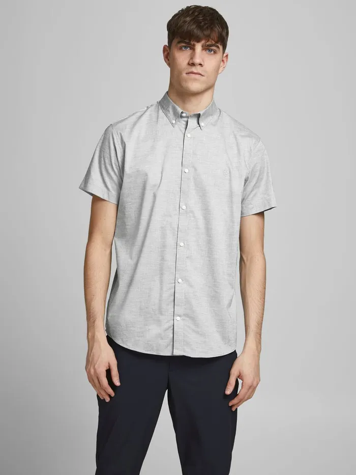 Tailoring JACK and JONES Mens BUTTONDOWN POPLIN SHORT SLEEVED SHIRT Grey Light Grey Melange Tailoring JACK and JONES Mens BUTTONDOWN POPLIN SHORT SLEEVED SHIRT Grey Light Grey Melange