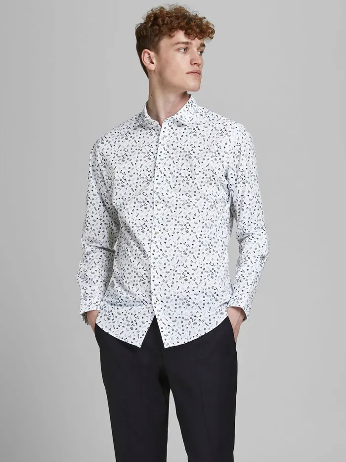 Tailoring JACK and JONES Mens FLORAL PRINT POPLIN SHIRT White White