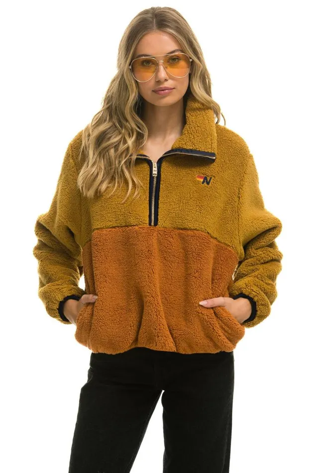 Teddy Apres Half Zip Color Block Jacket 8211 Honey WomenMen Aviator Nation Teddy Jackets