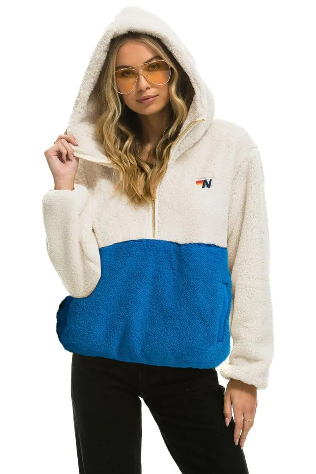 Teddy Unisex Hooded Half Zip Color Block Jacket 8211 Vintage White WomenMen Aviator Nation Teddy Jackets