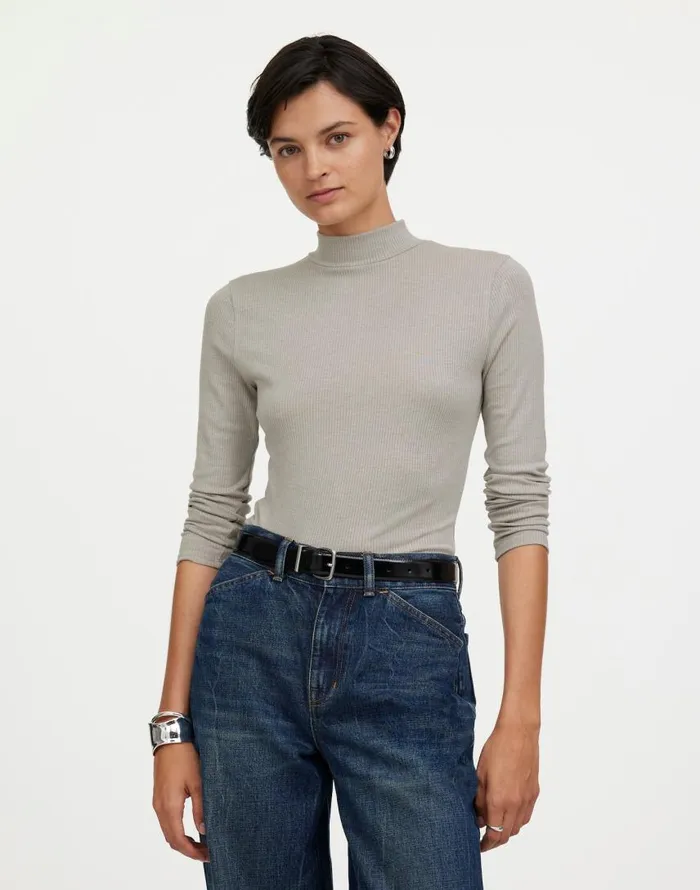 Tees Women Madewell Heathered Drapey Rib LongSleeve Mockneck Top Hthr Steel Morning Tees Women Madewell Heathered Drapey Rib LongSleeve Mockneck Top Hthr Steel Morning