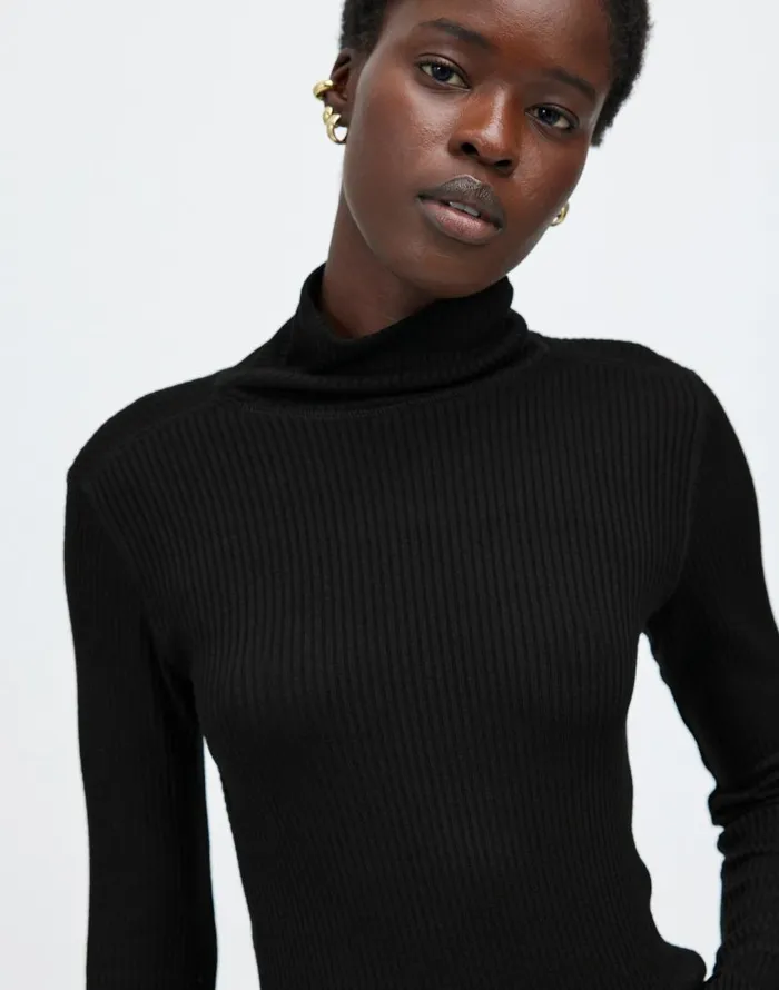 Tees Women Madewell Ribbed Turtleneck LongSleeve Tee Jet Black