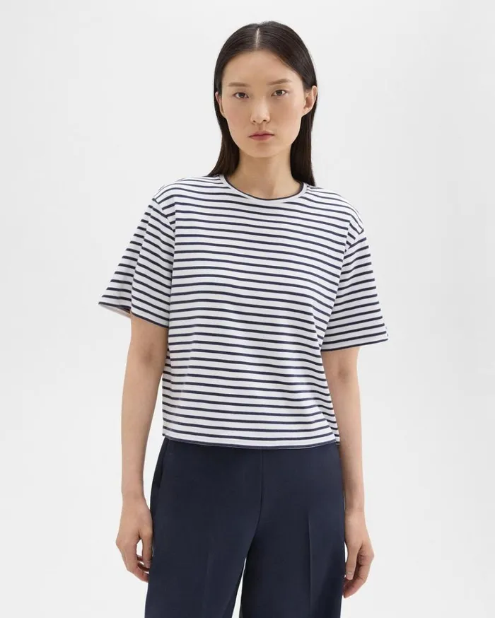Theory Boxy Tee In Striped Cotton Jersey Navy Multi Women TShirts Tank Tops