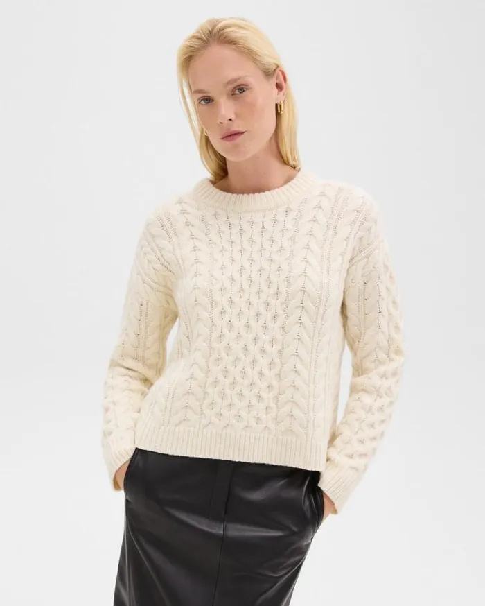 Theory Cable Knit Sweater In Felted WoolCashmere Ivory Women Sweaters Cardigans