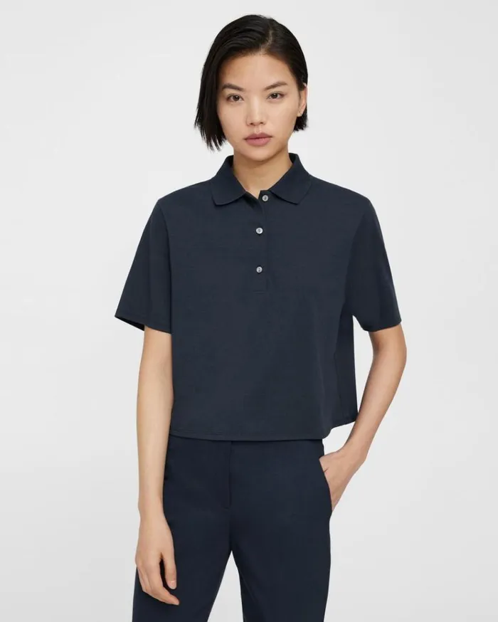 Theory Cropped Polo In Cotton Jersey Nocturne Navy Women TShirts Tank Tops